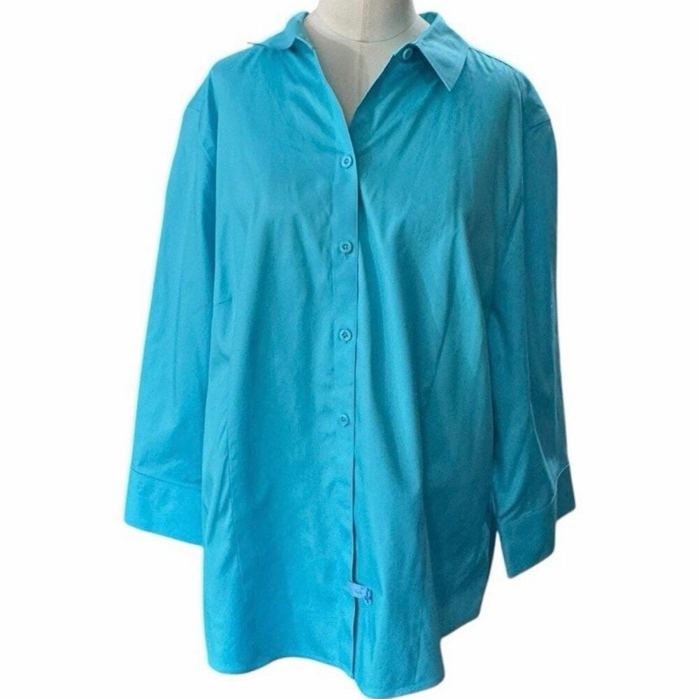 Chicos No-Iron Shirt Womens Size XL 16/18 Blue Cotton Long Sleeve Button Front
